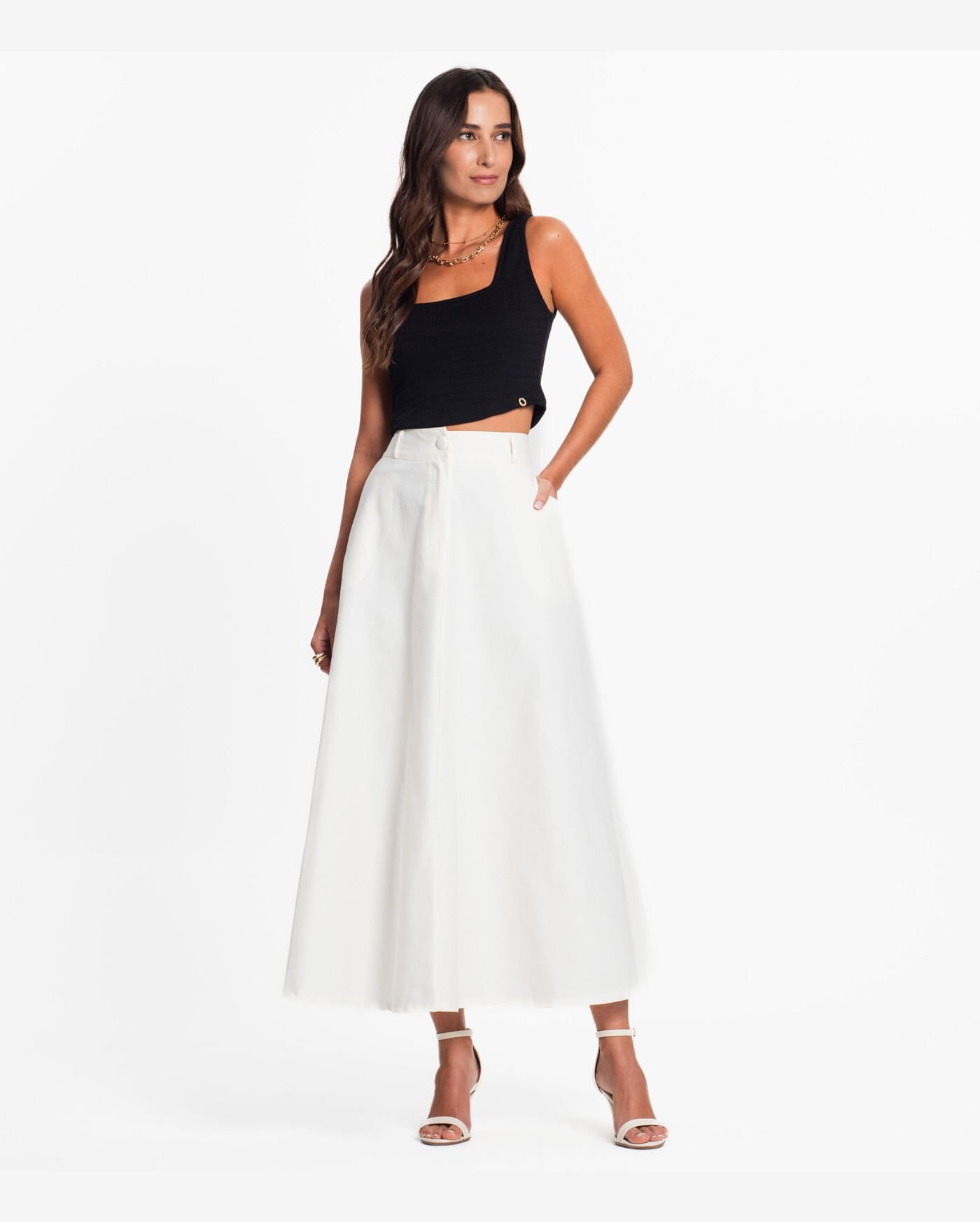 Saia Feminina Midi Godê Sarja Com Bolso Select Off White | Riachuelo (BR)