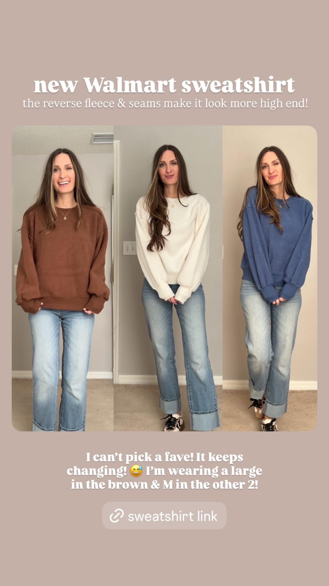 I can’t pick a fave! It keeps changing! 😅 I’m wearing a large in the brown & M in the other 2! new Walmart sweatshirt the reverse fleece & seams make it look more high end!