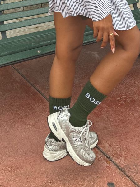 Boss green socks, black owned and new balance sneakers 

#LTKStyleTip #LTKShoeCrush