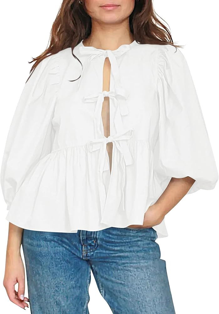Tie Front Tops for Women Peplum Babydoll Top 3/4 Length Puff Sleeve Coquette Tops Cute Going Out ... | Amazon (US)