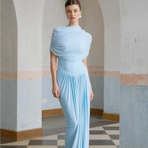 Catherine asymmetrical pleated maxi dress in Baby-blue | Poshmark