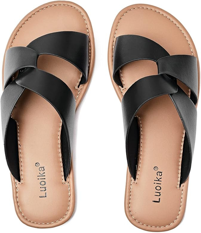 Luoika Women's Wide Width Flat Slides Sandals, Strapy Slide Sandal Slip on Dressy Summer Shoes fo... | Amazon (US)