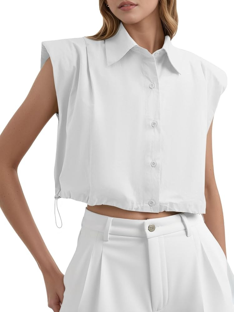 Tankaneo Womens Sleeveless Button Down Shirts Casual Loose V Neck Pad Shoulder Crop Tank Top | Amazon (US)