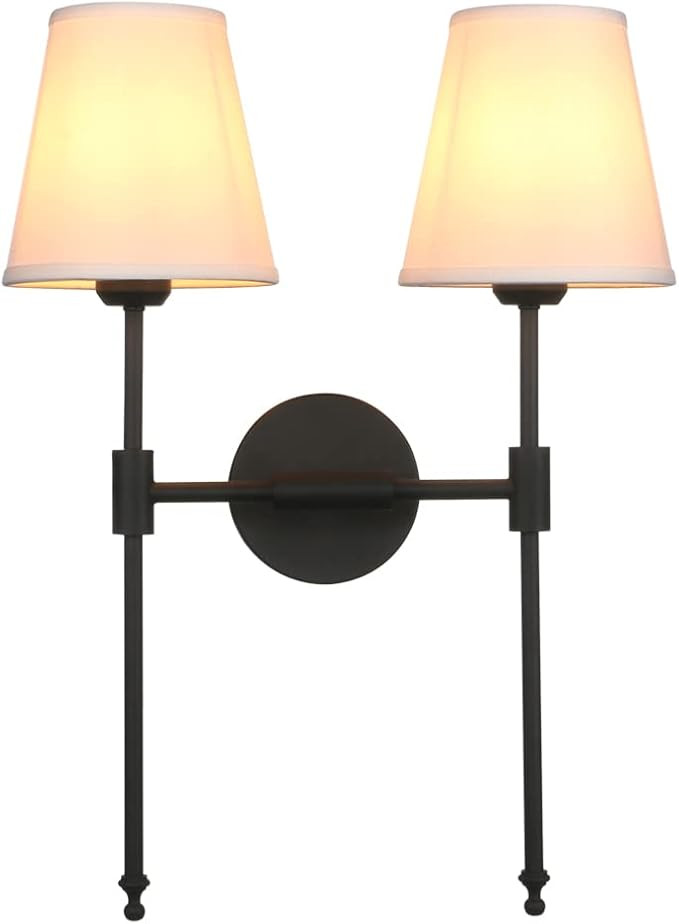 Classic Rustic Double Sconce 2-Lights Wall Sconce Lighting Fixture with Flared White Textile Lamp... | Amazon (US)
