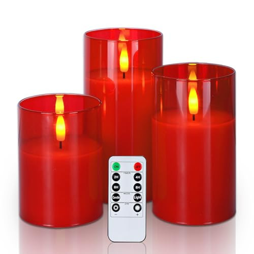 Amagic Christmas Glass Flameless Candles with Remote, Real Wax Pillar Candles Batter Operated with Timer, Red LED Fake Candle for Thanksgiving Decor, Set of 3, D3 xH4 5" 6" | Amazon (US)