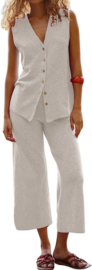 SeekMe Women's 2025 Sweater Set Sleeveless Button Down Vest Wide Leg Pants 2 Piece Outfits Summer... | Amazon (US)