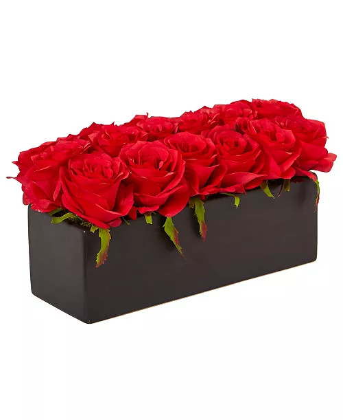 Nearly Natural Dozen Silk Roses in Ceramic Rectangular Planter - Macy's | Macy's