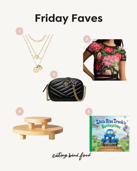 Friday Faves 🌸🌷
1️⃣ Found this necklace at J Crew Factory and I’ve been wearing it on repeat. 
2️⃣ Got this sweater tee from Anthro and I think it’s so fun. Runs a bit small, I have a size M.
3️⃣ Got this new bag based on a recommendation from Jammie Baker and I’ve been loving it. It’s the perfect size and the leather is super soft.
4️⃣ These wooden serving tray s are so cute and would be perfect for a smash cake. 
5️⃣ My kids love Little Blue Truck books and this one is super cute for Easter baskets. 

#LTKSeasonal #LTKkids #LTKstyletip