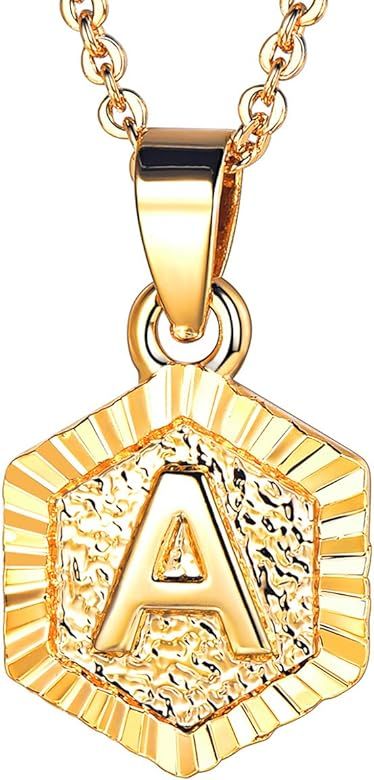 26 A-Z English Capital Small Embossed Hexagon Square Heart Pendant 18K Gold/Platinum Plated Fashi... | Amazon (US)