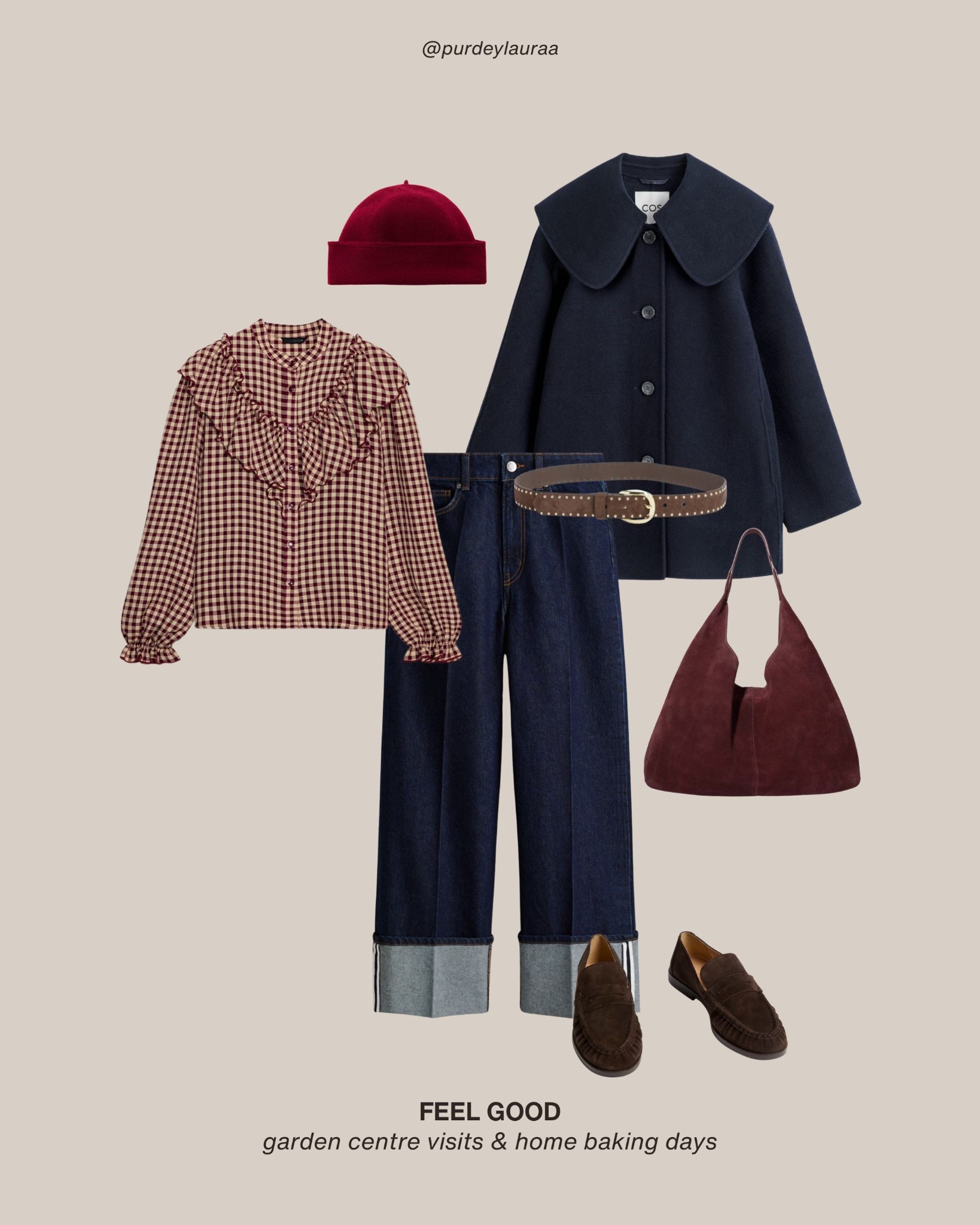 Elevated everyday outfit, autumn outfit, gingham blouse, ruffle blouse, turn up jeans, wide leg jeans, dark jeans, red hat, Zara, H&M, COS, &Other Stories, Marks and Spencer. Karen Millen

#LTKuk #LTKwinter #LTKautumn