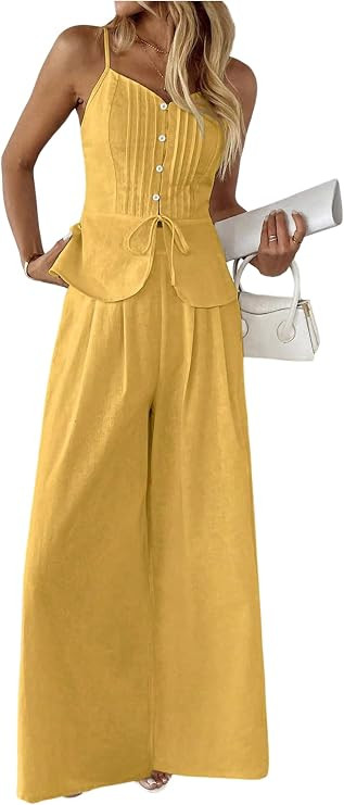 SOLY HUX Women's 2 Piece Summer Outfit Button Down Peplum Cami Top and Wide Leg Pants Set | Amazon (US)