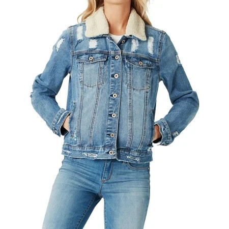 Jessica Simpson Womens Distressed Jean Jacket Blue X-Small | Walmart (US)
