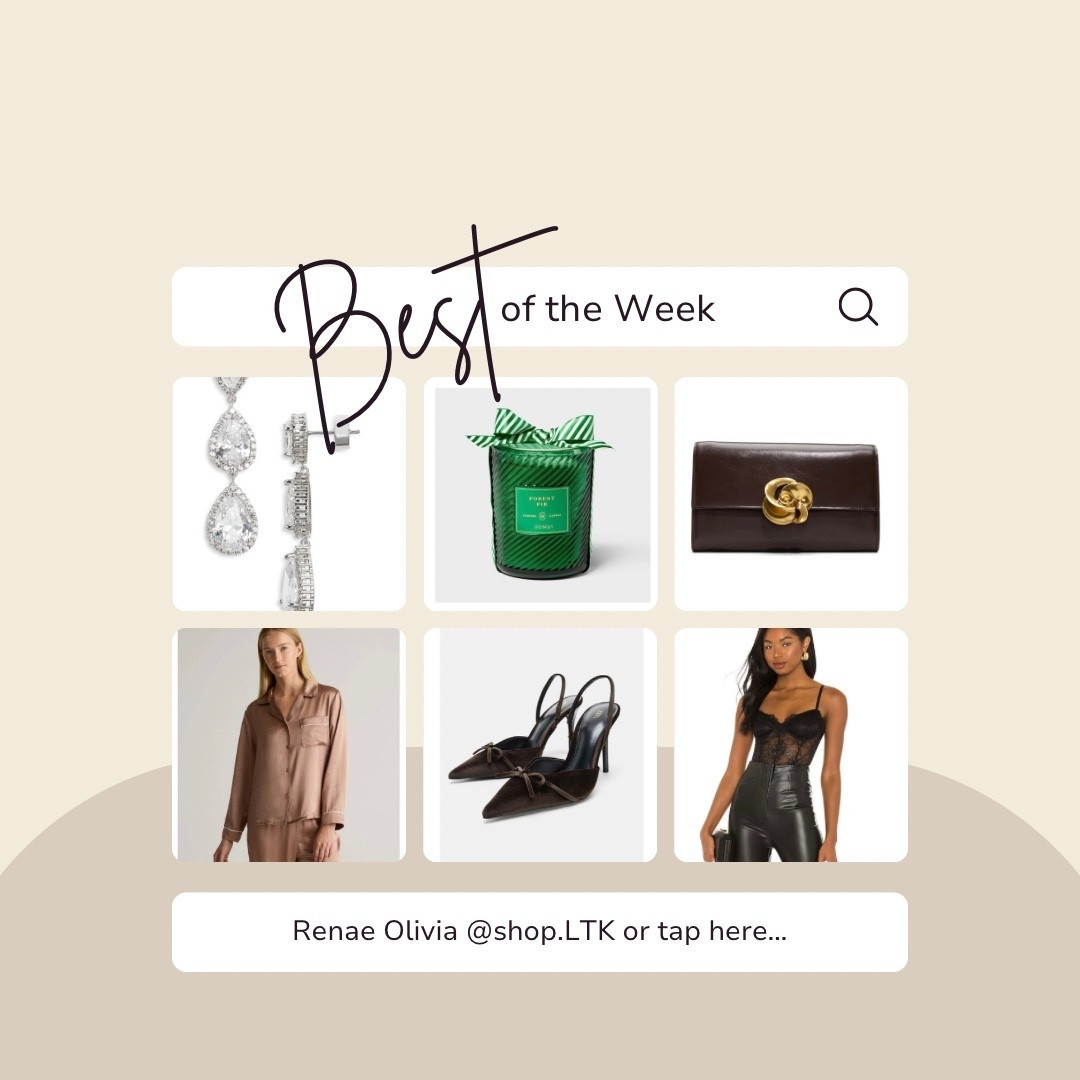 Most loved of the week. Gorgeous drop earrings, holiday candle, chic brown clutch, silk pajamas, bow sling back heels and black lace bodysuit. 

#bestsellers

#LTKFindsUnder50 #LTKHoliday #LTKFindsUnder100