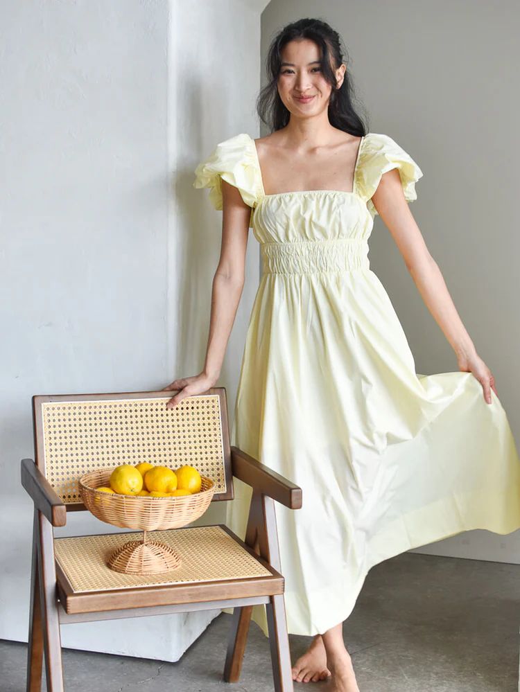 Polly Butter Yellow Puff Sleeve Midi Dress | Summer Dress | Baby Shower Guest Dress #LTKU #LTKtravel | Confête