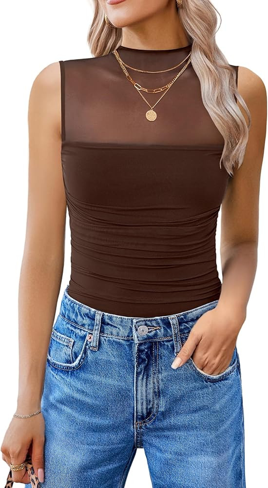 Avidlove Women's Mock Neck Mesh Bodysuit Ruched Tank Body Suits Top Sheer One Piece Going Out Top... | Amazon (US)