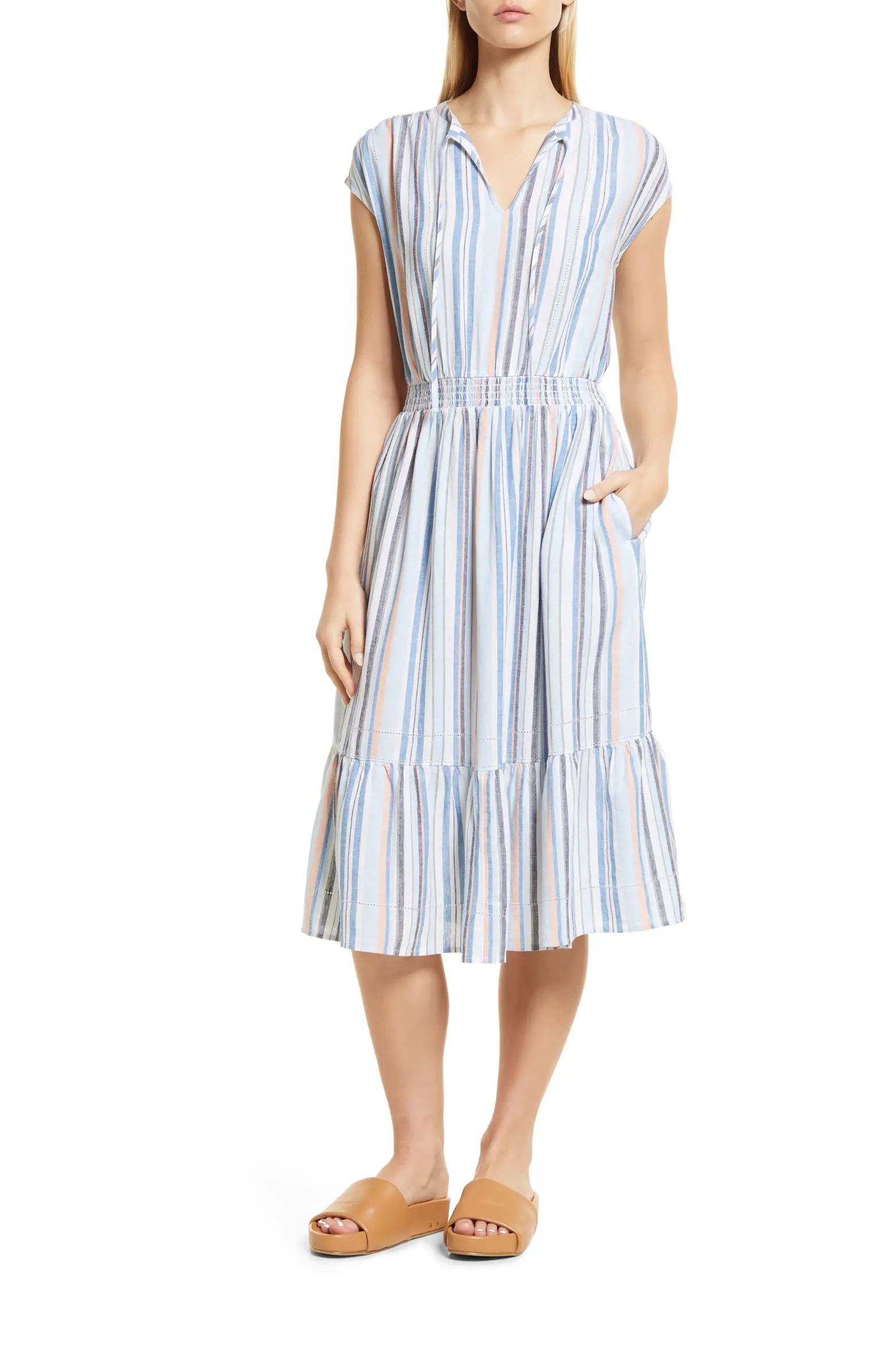 Caslon® Stripe Tiered Linen Blend Midi Dress | Nordstrom | Nordstrom