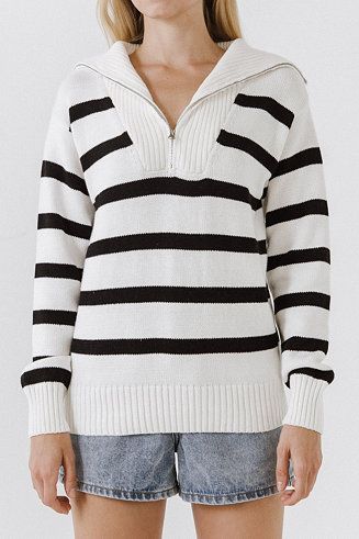 English Factory Women's Striped Knit Zip Pullover Sweater - Macy's | Macy's