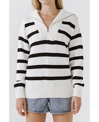 English Factory Women's Striped Knit Zip Pullover Sweater - Macy's | Macy's