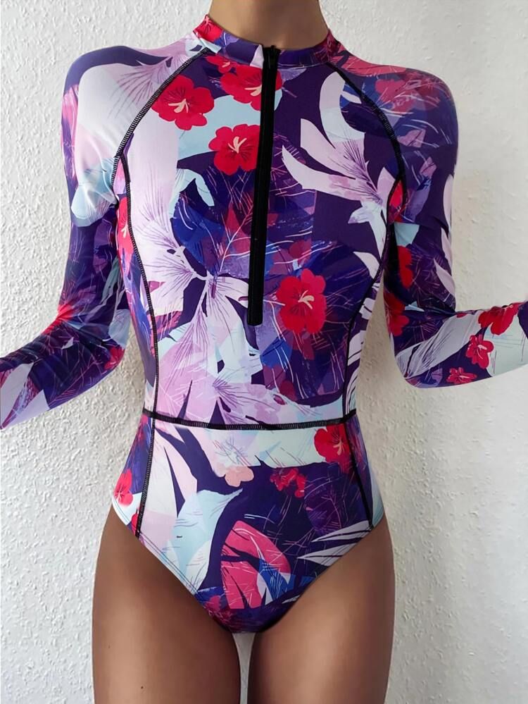 Floral Print Zipper Front Surfing Swimsuit | SHEIN