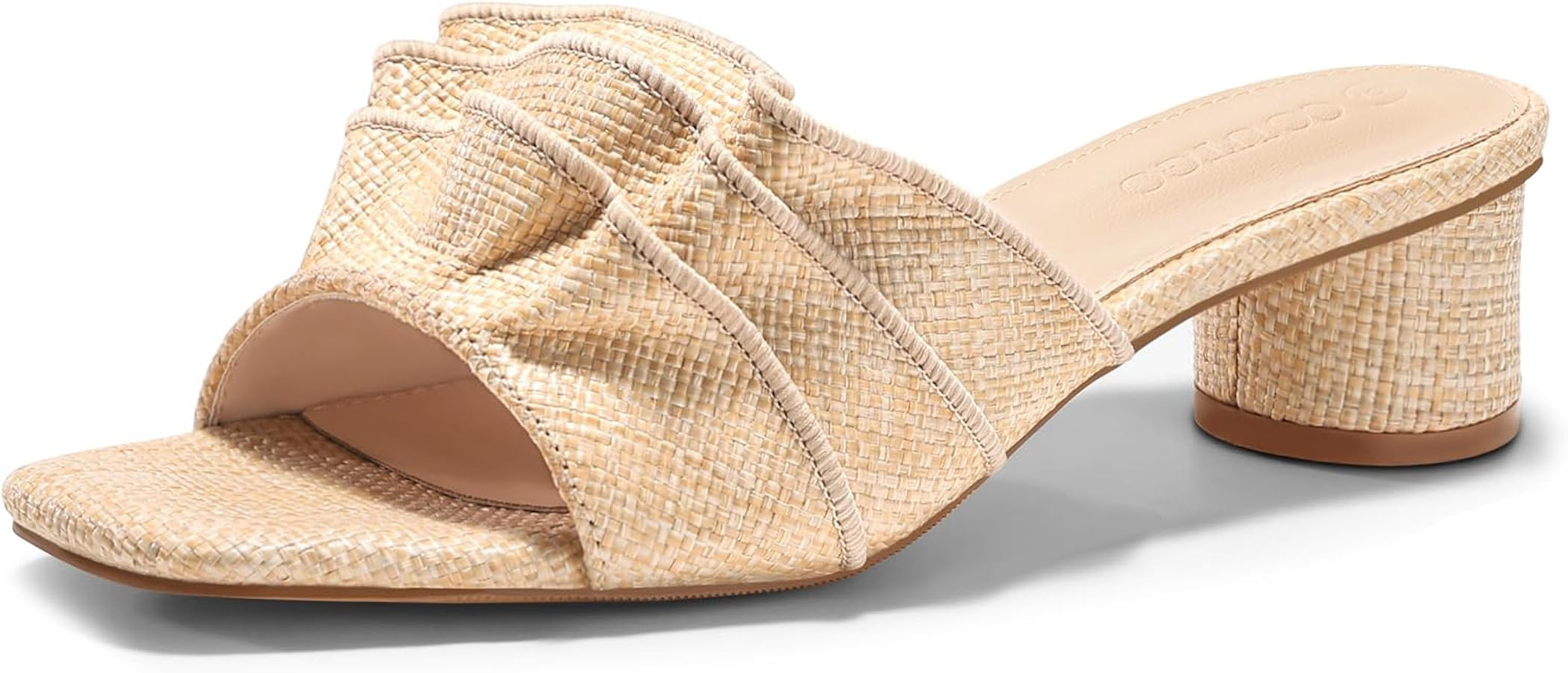 Coutgo Womens Raffia Chunky Low Heels Sandals Square Open Toe Mules Ruffle Slip On Summer Dress S... | Amazon (US)