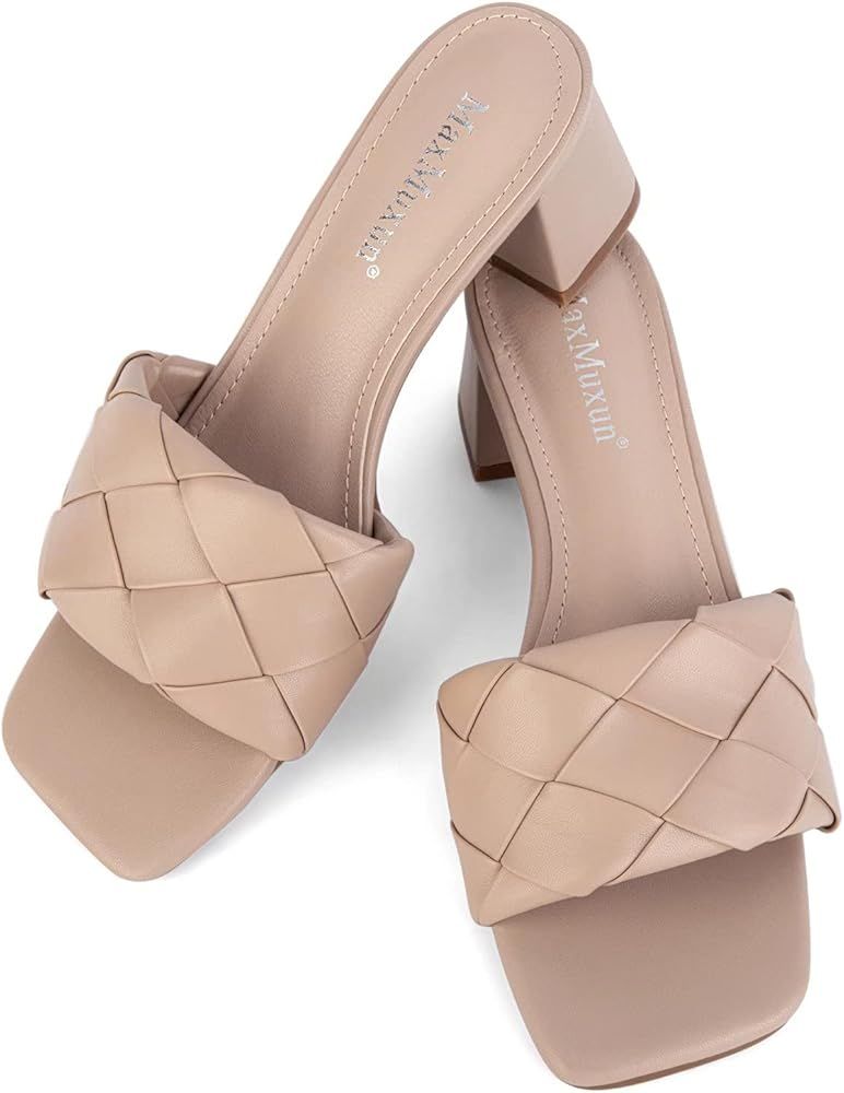 MaxMuxun Women's Square Open Toe Low Chunky Block Heel Slip on Slide Sandals | Amazon (US)