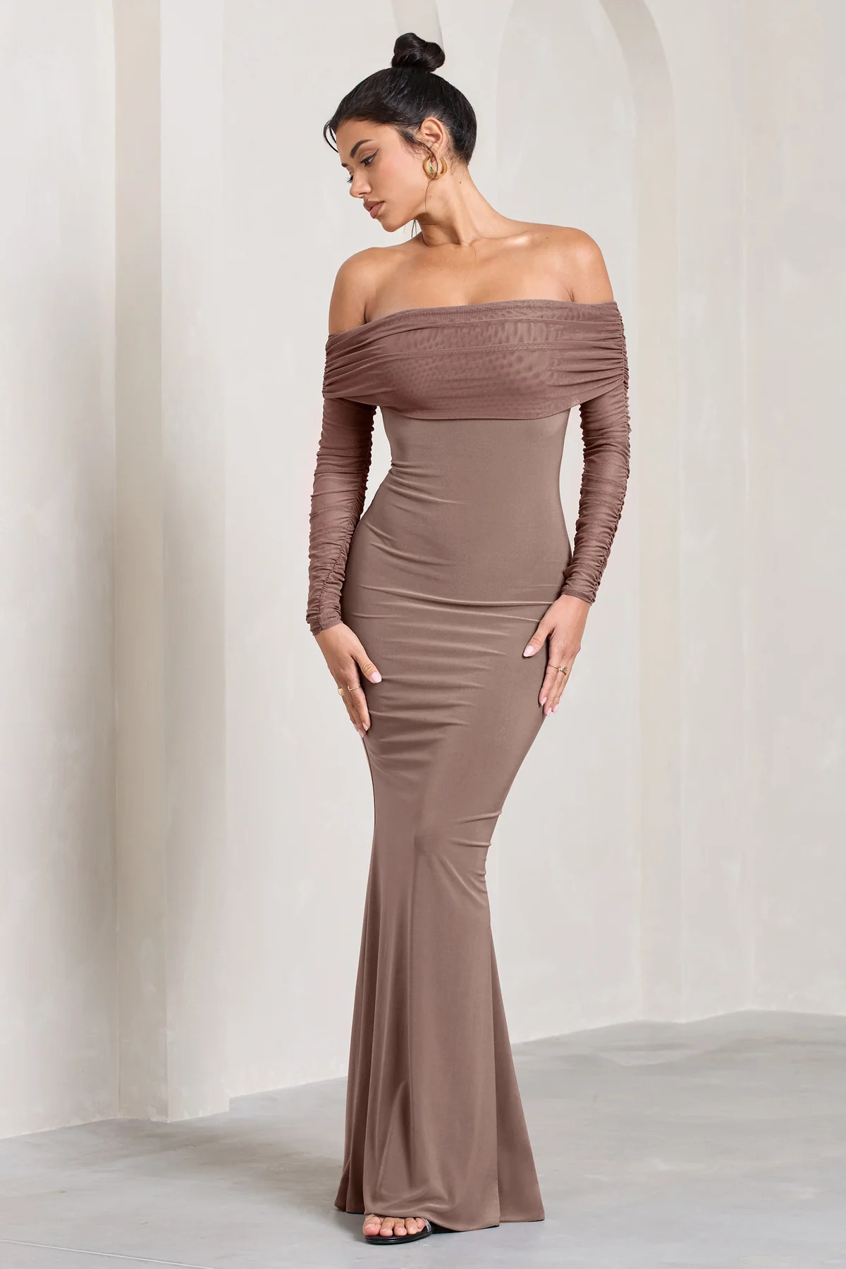 Madeleine | Mocha Fishtail Maxi Dress With Bardot Mesh Long Sleeves | Club L London