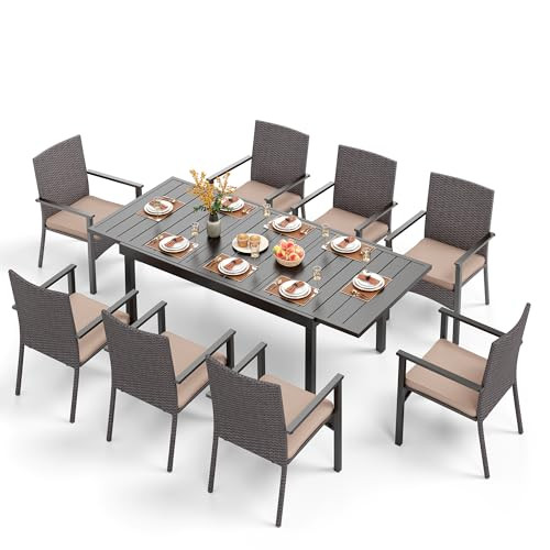 PHI VILLA 9 Piece Outdoor Dining Set for 8, Expandable Metal Dining Table & Cushioned Rattan Chai... | Amazon (US)