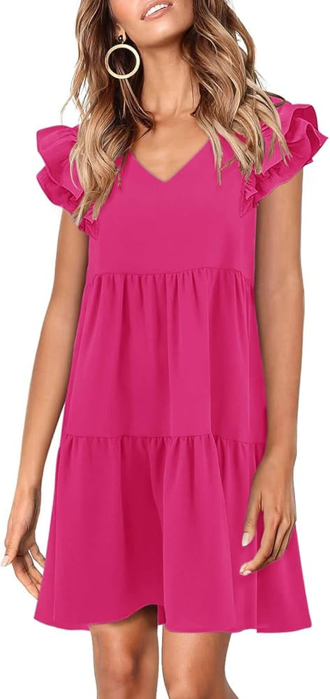 Zwurew Summer Babydoll Dresses for Women 2026 Cute Ruffle Cap Sleeve V-Neck Flowy Swing Mini Dres... | Amazon (US)