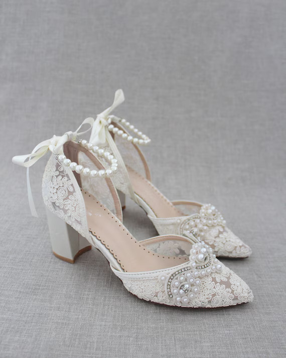 Ivory Crochet Lace Almond Toe Block Heel With Pearls Applique | Etsy | Etsy (US)