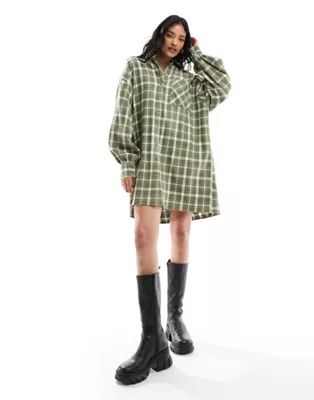 ASOS DESIGN oversized mini check shirt dress in khaki and cream check | ASOS (Global)