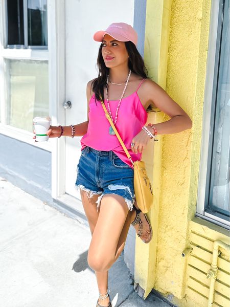Summer days are very colorful. 
Cami top size small
Mom shorts size 26
Sandals size 8 (tts)

Beach life. Los Angeles. Redondo Beach. Pink top. Denim shorts. Crossbody bag. Coffee time. Boho sandals. Walking. Mom. Mom shorts. Denim mom shorts. Beach wear. Travel outfit. Summer outfit. Casual outfit. 

#LTKstyletip #LTKunder50 #LTKFind