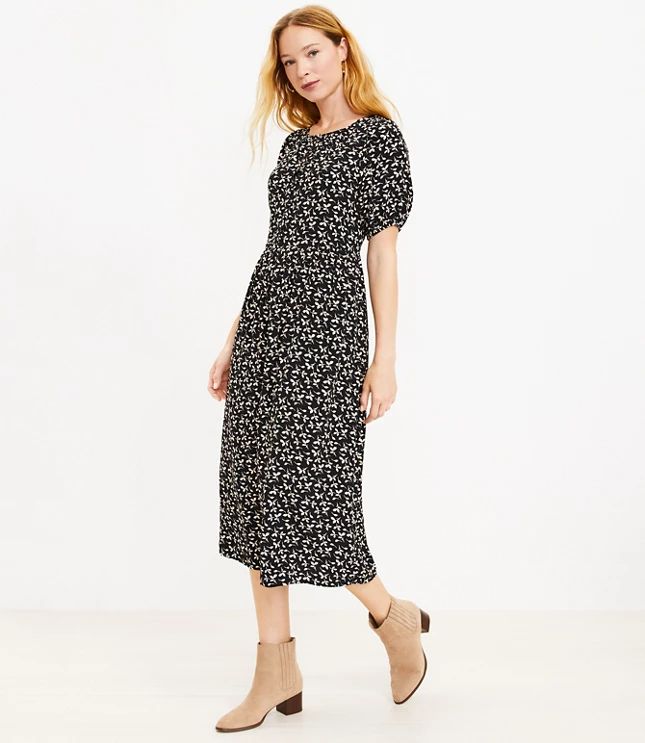 Floral Button Puff Sleeve Midi Dress | LOFT