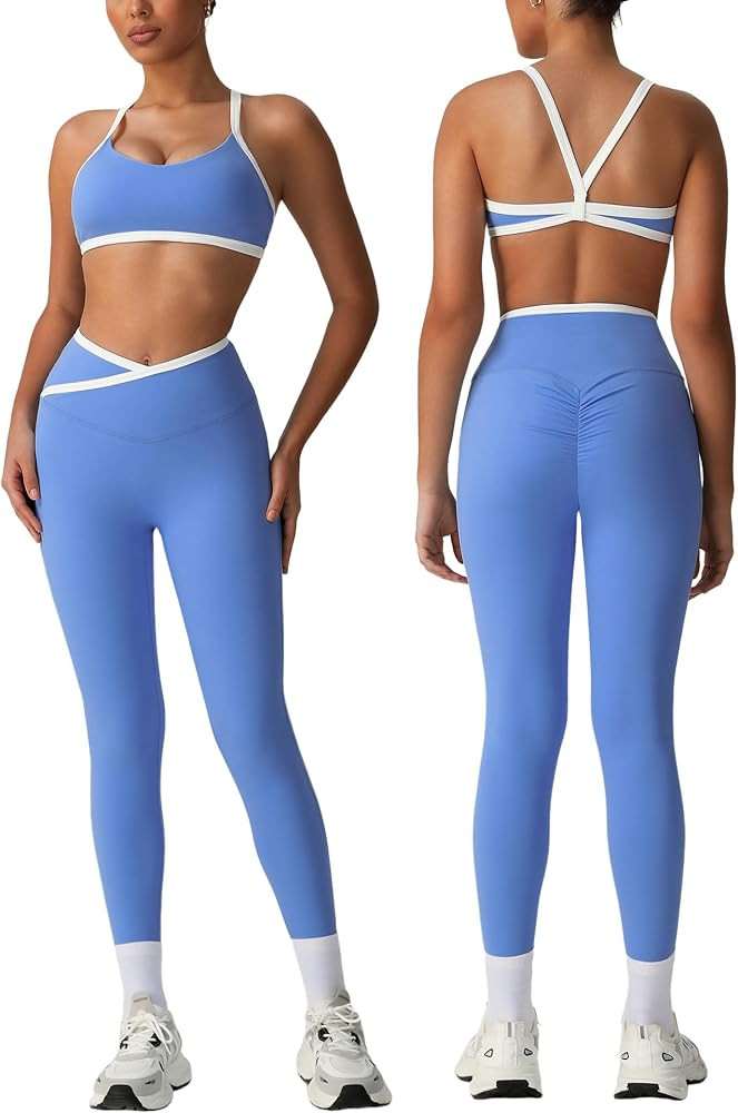 Color Block Workout Sets for Women Padded Sports Bra and Leggings | Amazon (US)