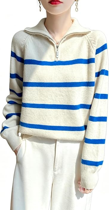 100% Merino Wool Sweaters Women's Fall Winter Knitted Half Zip Collar Striped Pullover Long Sleeves Jumper(YRT2423) | Amazon (US)
