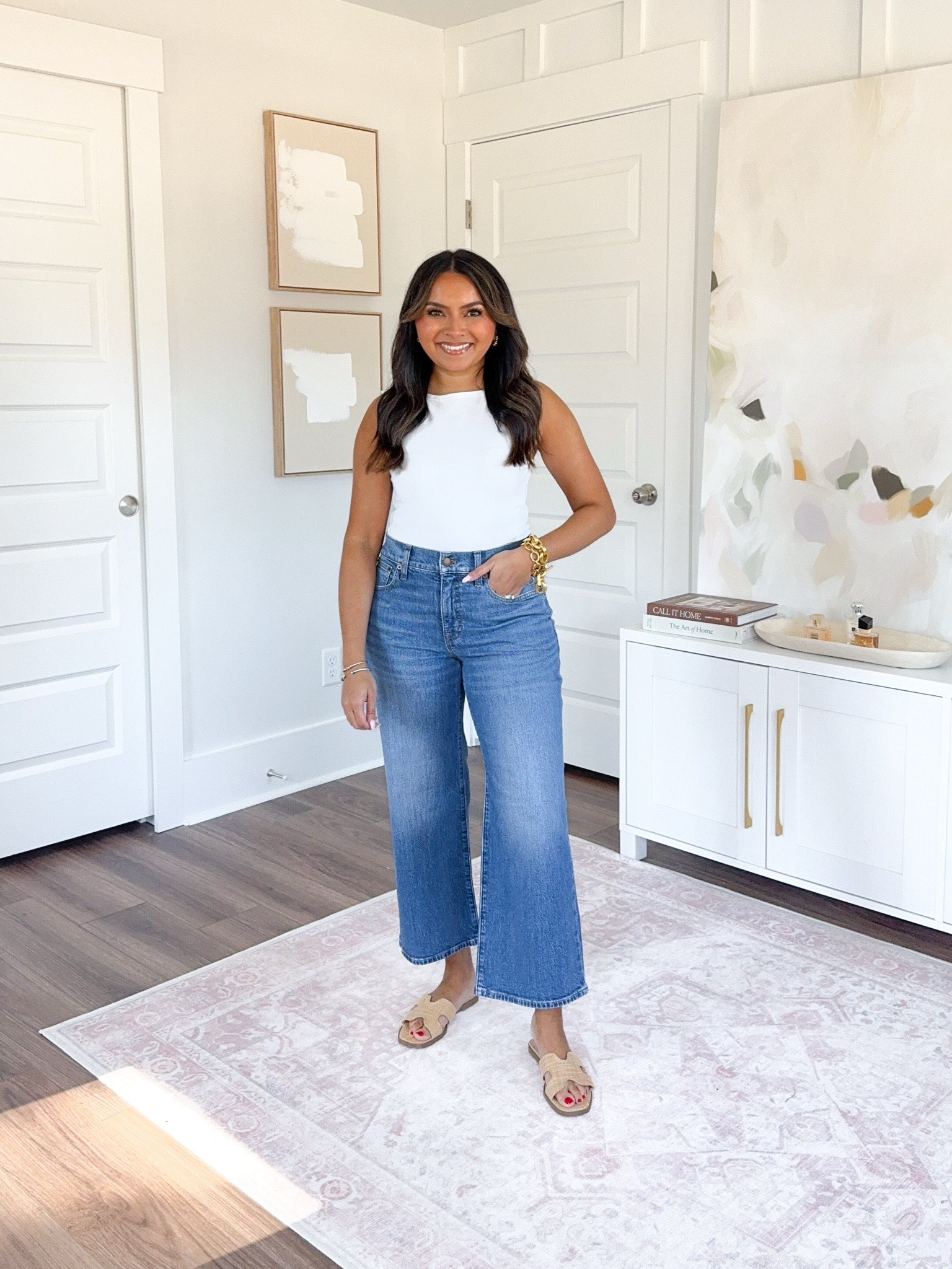 White tank size xs TTS
Deep sea blush wash wide leg crop jeans size 26 petite TTS
Tan sandals size 5.5 TTS


#LTKPetite #LTKStyleTip #LTKSaleAlert