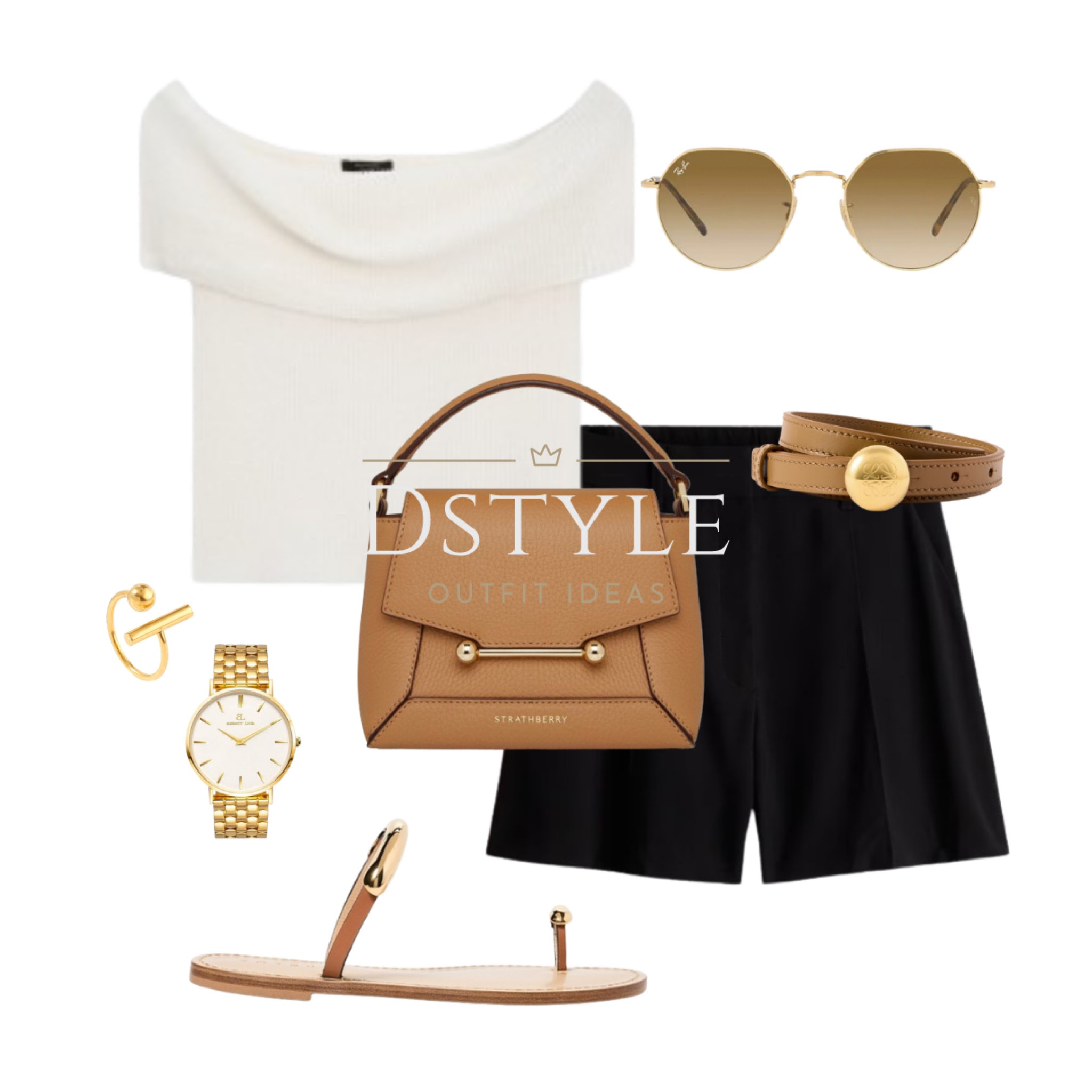 Cream ribbed off-the-shoulder top,  black tailored shorts, brown leather bag, caramel bag, cognac flat sandals, brown slide sandals, Ray-Ban sunglasses, summer outfit, neutral outfit, ootd

#LTKItBag #LTKWorkwear #LTKShoeCrush