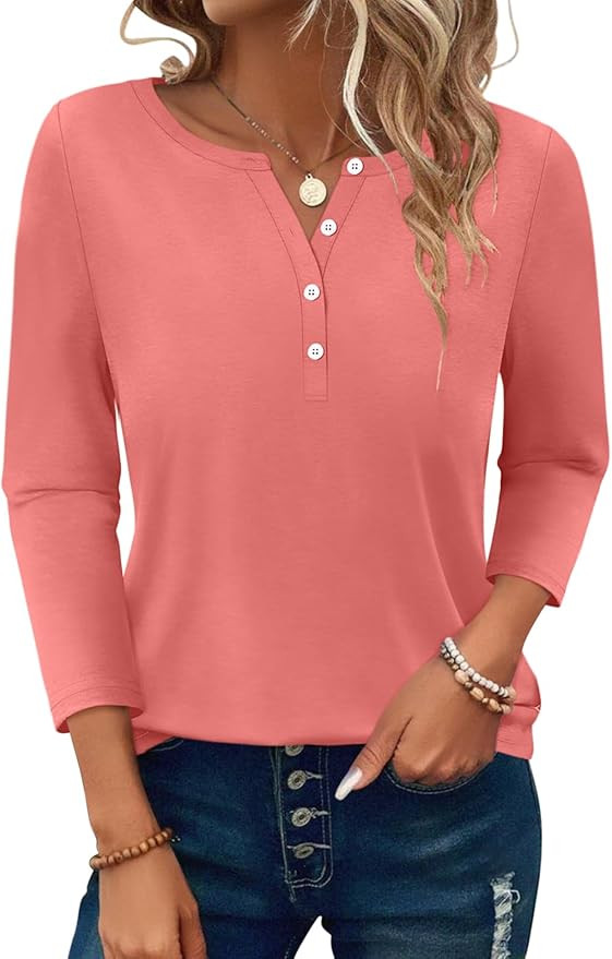 PGANDS Women's 3/4 Length Sleeve T Shirts Button Down Scoop Neck Casual Tops | Amazon (US)
