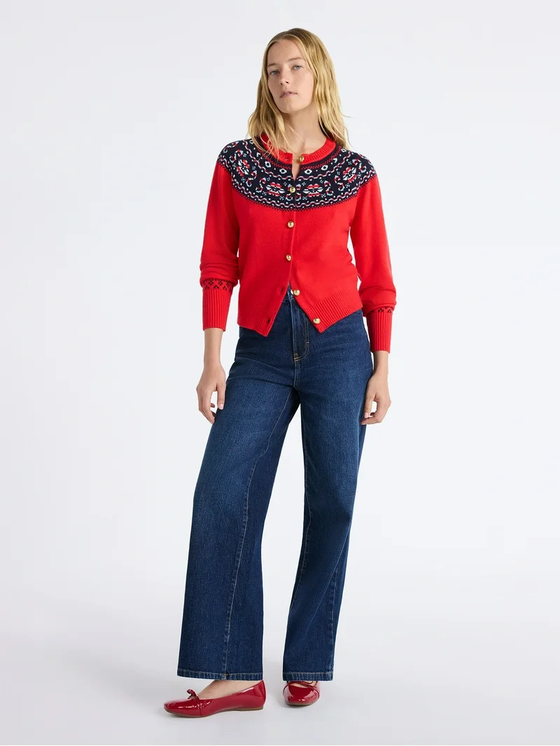 Free Assembly Women's Cozy Yarn Fair Isle Cardigan Sweater, Midweight, Sizes XS-XXL | Walmart (US)