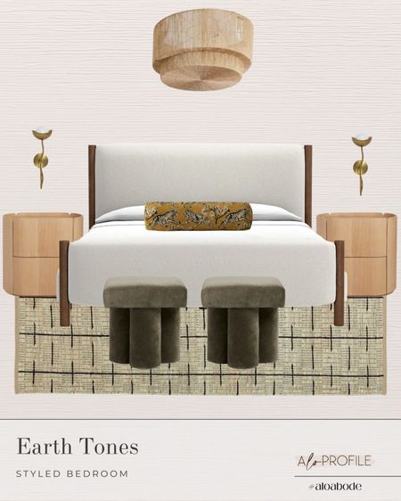 Earth Toned Bedroom // styled rooms, textured area rug, walnut bed, white oak nightstands, wall sconces, ottomans, green bedroom, accent pillows, lumbar pillow, textured pendant, textured lighting, accent lighting, minimal bedroom decor, earth toned decor, neutral decor, minimal decor, patterned rug

#LTKhome