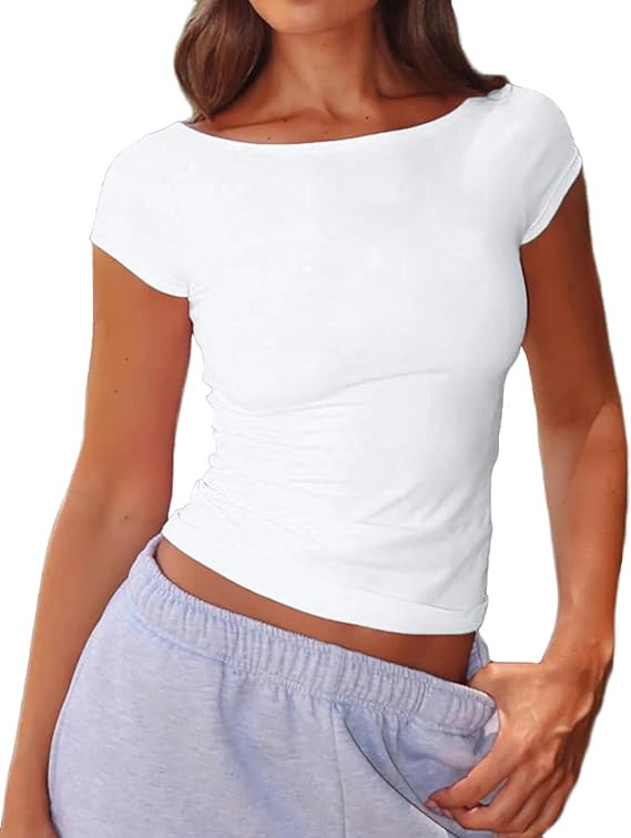 Beumissy Women's Boat Neck Short Sleeve T-Shirts Y2K Cute Going Out Tops Summer Baby Tees | Amazon (US)