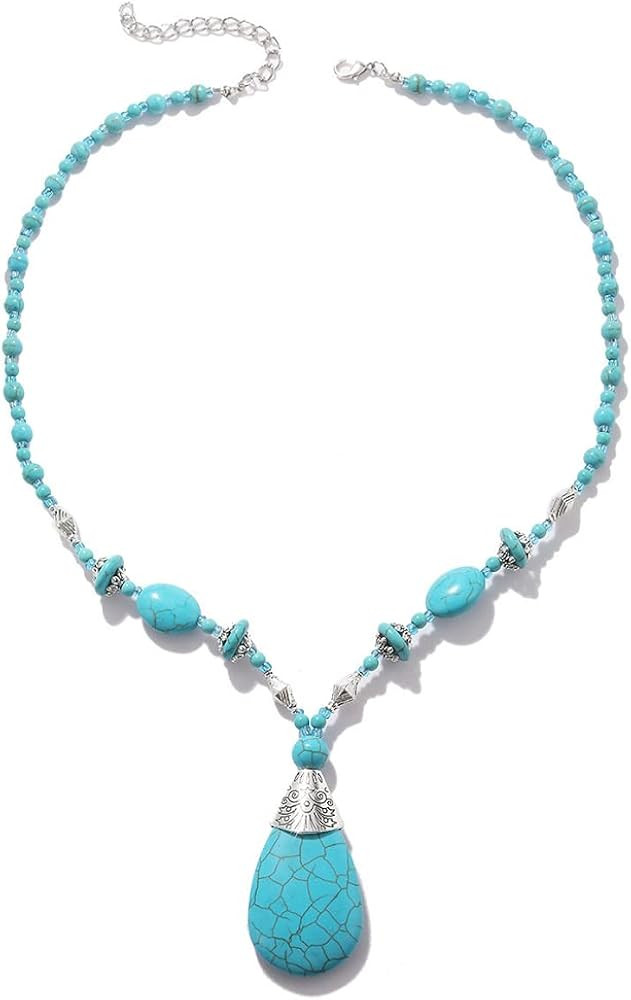 Boho Turquoise Long Beaded Necklace Natural Stone Pendant for Women Vintage Ethnic Alloy Turquois... | Amazon (US)