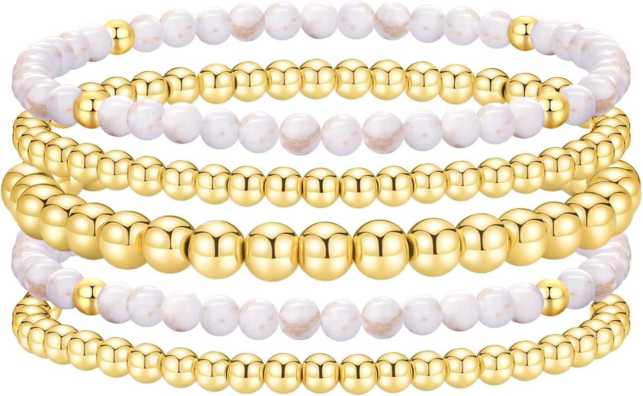 Gold Beaded Bracelets for Women Stackable Gold Bracelets for Women 14K Gold Plated Stretch Bead B... | Amazon (US)