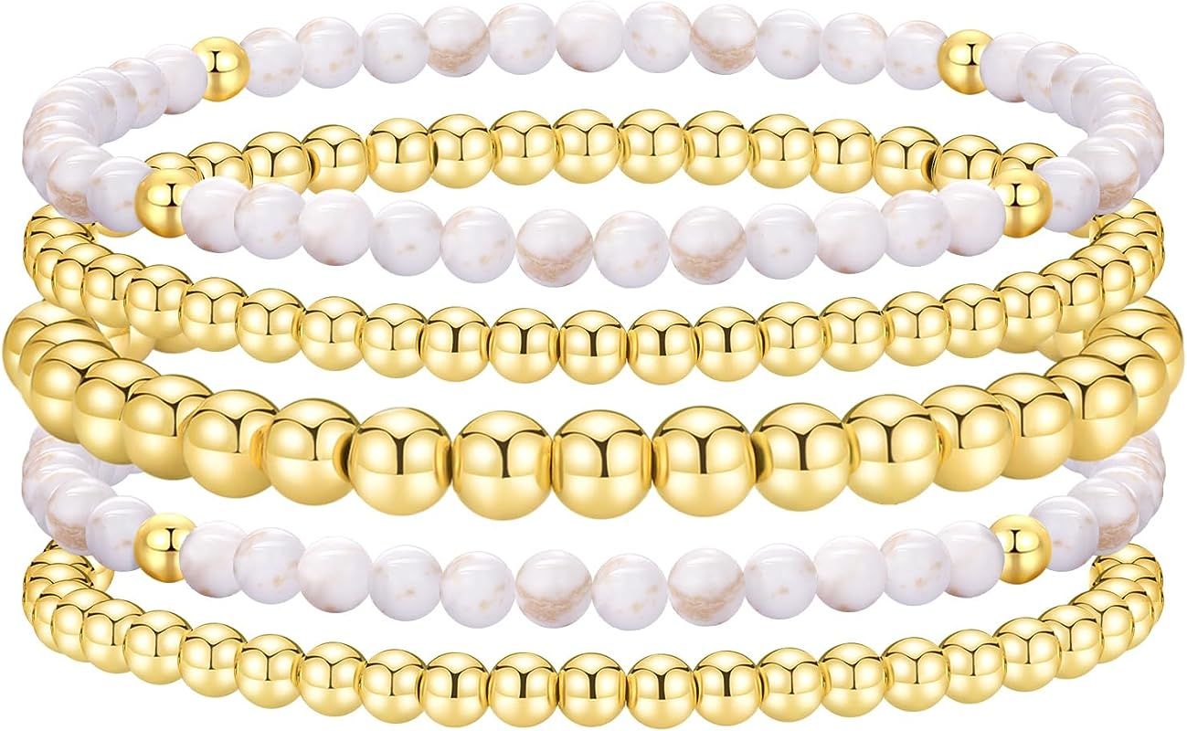 Gold Beaded Bracelets for Women Stackable Gold Bracelets for Women 14K Gold Plated Stretch Bead B... | Amazon (US)