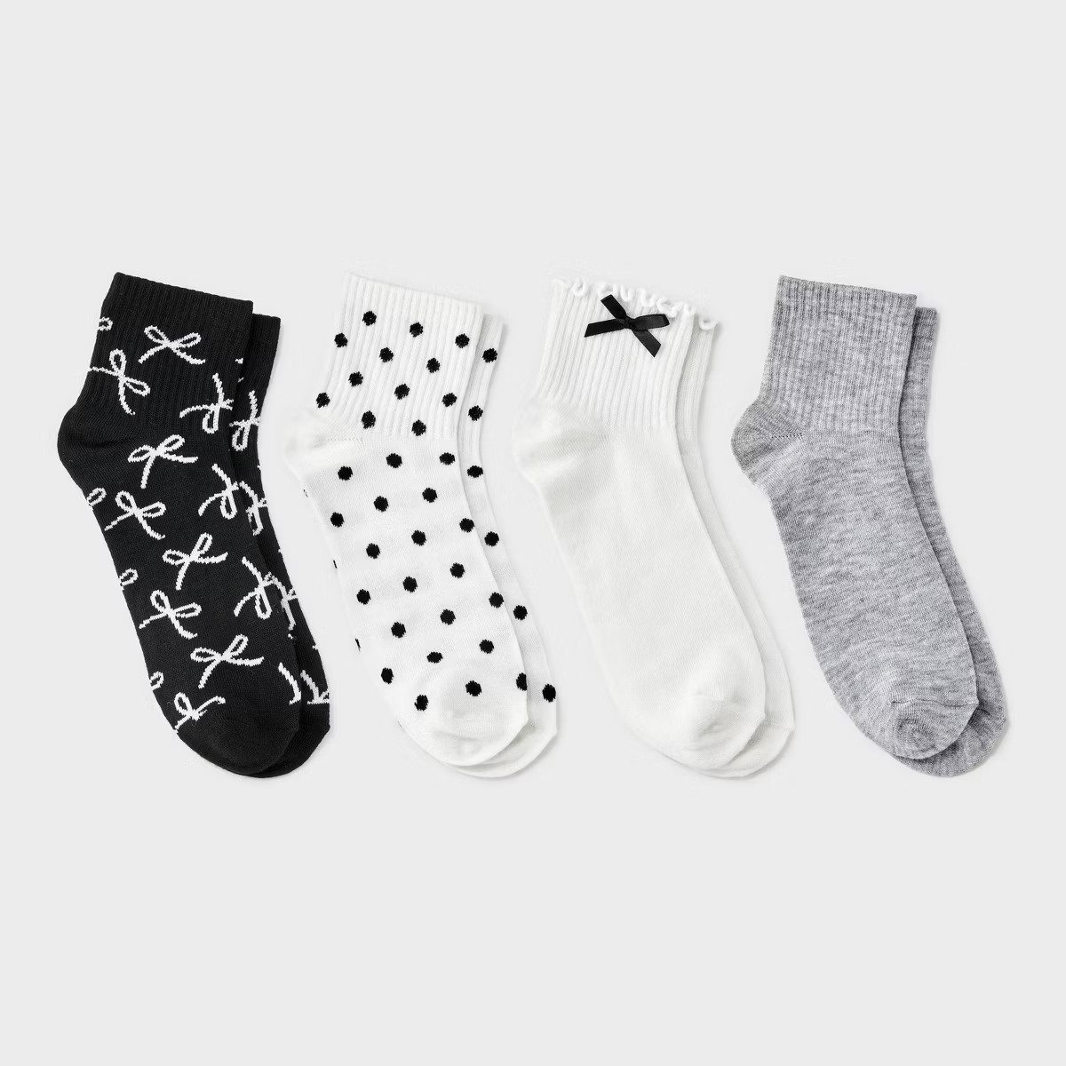 Women's Lettuce Edge Applique Bow & Polka Dots 4pk Ribbed Ankle Socks - Ivory/Heather Gray/Black ... | Target