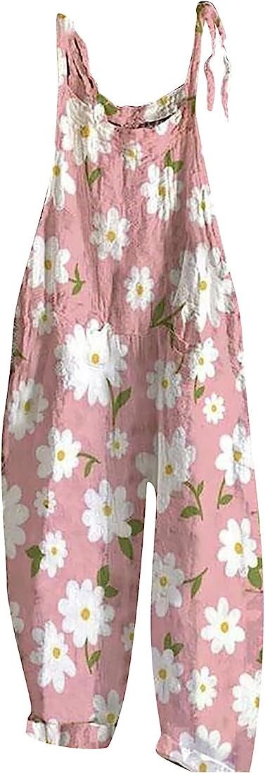 Jumpsuits for Women Elegant Casual Summer Rompers Loose Floral Print Retro Strappy Bib Overalls W... | Amazon (US)