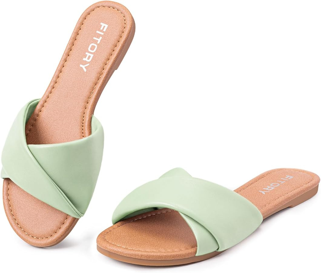 FITORY Women's Flat Sandals Fashion Slides With Soft Leather Slippers for Summer Size 6-11 | Amazon (US)
