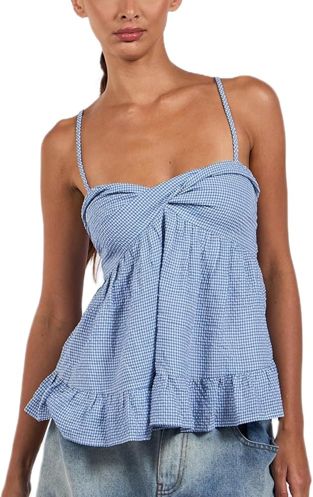 Mxiqqpltky Women Y2k Plaid Babydoll Tank Top Summer Spaghetti Strap Square Neck Ruffle Camisole C... | Amazon (US)