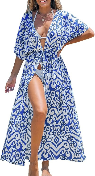 CUPSHE Kimono Swimsuit Coverup for Women Open Front Striped Maxi Cardigan Beach Cover Up | Amazon (US)