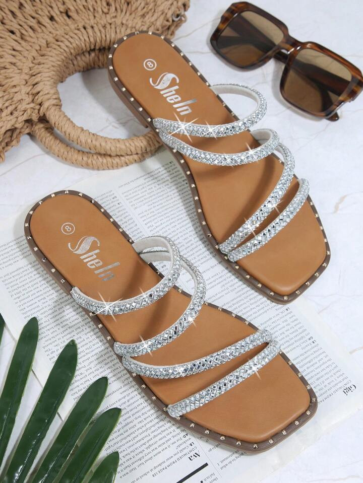 Open Toe Textured Strap Flat Sandals | SHEIN
