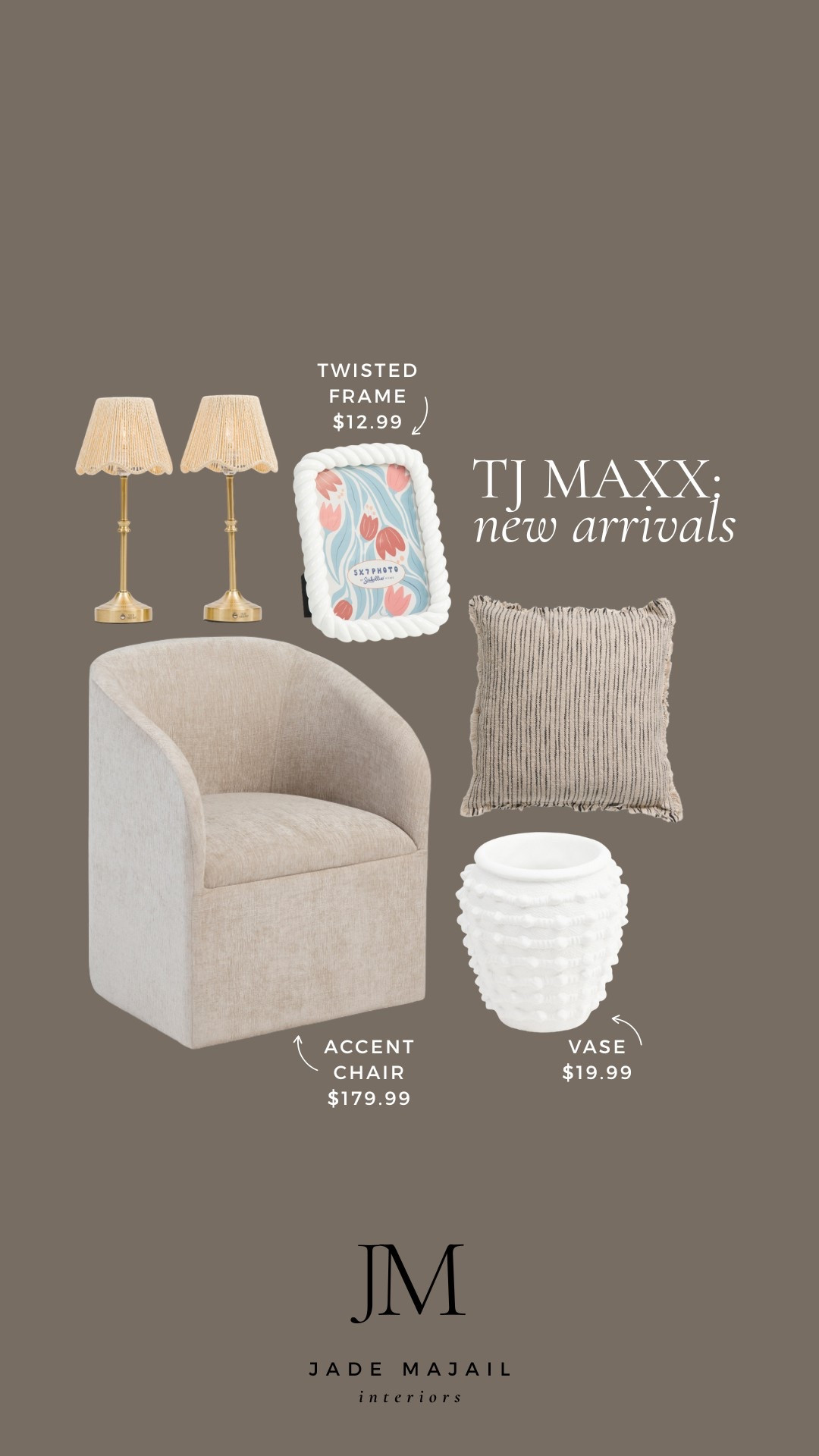 TJ Maxx: New arrivals - home decor and furniture 💖🌷

Table lamps, twisted frame, accent pillow, textured vase, accent chair, transitional style home

#LTKFamily #LTKHome